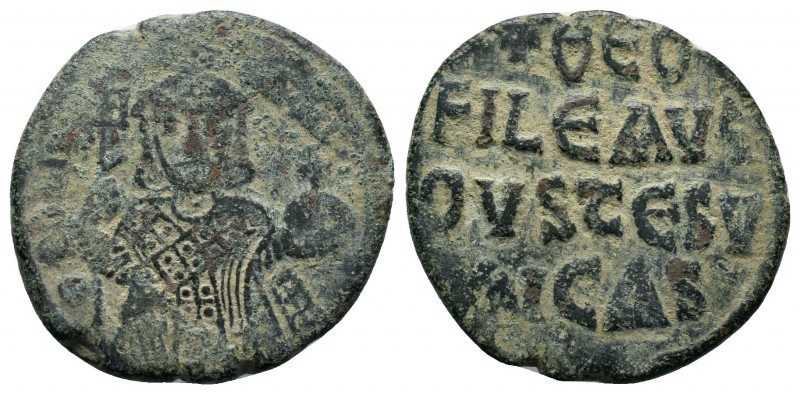 Theophilus AE Follis. 830-842 AD. Constantinople. ThEOFIL' bASIL', crowned, thre...