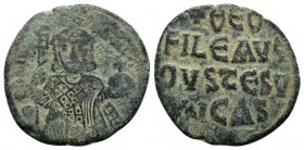 Theophilus AE Follis. 830-842 AD. Constantinople. ThEOFIL' bASIL', crowned, three-quarter length figure of Theophilus facing, pellets on crown, wearin...