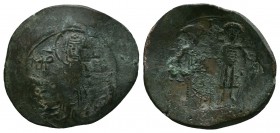 Michael VIII Paleologus 1261-1282 AD, AE Trachy, Constantinople mint. 28mm. St. George, half-length figure facing, wearing loros, holding spear and sh...