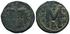 Michael I and Theophylactus. 811-813 AD. AE Follis. Constantinople. MIKAXHL S QEOF, crowned busts facing of Michael with short beard and wearing chlam...