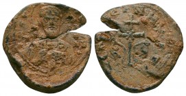 Byzantine lead seal of N. officer 
(ca 11th cent.)
Obv.: Bust of a bishop saint (saint Nicholaos), facial, nimbate, blessing and holding the book of G...