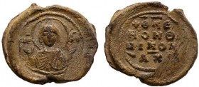 Byzantine lead seal of monk Nicholaos 
(ca 11th cent.)
Obv.: Bust of Mother of God, facial, nimbate, orans, wearing chiton and maphorion, the usual si...