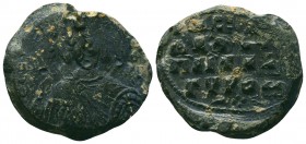 Byzantine lead seal of an uncertain officer
(ca 11th cent.)
Obv.: Bust of saint George, facial, nimbate, holding spear and shield, sigla Ο Α(ΓΙΟC)ΓΕΩ-...