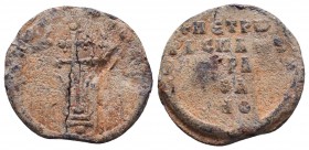 Byzantine lead seal of Peter imperial protospatharios 
and strategos (?)
(10th cent.)
Obv.: Patriarchal cross on three steps and a sphere in the cente...