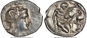 CALABRIA. Tarentum. Ca. 4th-3rd centuries BC. AR diobol (12mm, 12h). NGC XF. Head of Athena right, wearing crested Attic helmet decorated with figure ...