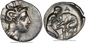 CALABRIA. Tarentum. Ca. 4th-3rd centuries BC. AR diobol (12mm, 11h). NGC XF, brushed. Head of Athena right, wearing crested Attic helmet decorated wit...