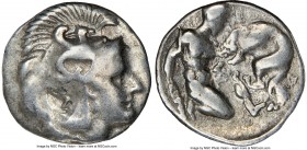 CALABRIA. Tarentum. Ca. 4th-3rd centuries BC. AR diobol (12mm, 11h). NGC VF. Head of Athena right, wearing crested Attic helmet decorated with figure ...