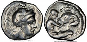 CALABRIA. Tarentum. Ca. 4th-3rd centuries BC. AR diobol (11mm, 5h). NGC VF. Head of Athena right, wearing crested Attic helmet decorated with figure o...