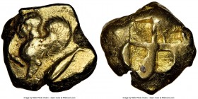 MYSIA. Cyzicus. Ca. 550-450 BC. EL stater (18mm, 16.02 gm). NGC VF 4/5 - 4/5. Sphinx crouching left, raising forepaw, on tunny fish left / Quadriparti...