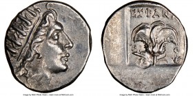 CARIAN ISLANDS. Rhodes. Ca. 88-84 BC. AR drachm (14mm, 11h). NGC Choice AU. Plinthophoric standard, Euphanes, magistrate. Radiate head of Helios right...