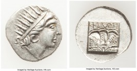 CARIAN ISLANDS. Rhodes. Ca. 88-84 BC. AR drachm (15mm, 2.14 gm, 11h). XF. Plinthophoric standard, Philon, magistrate. Radiate head of Helios right / Φ...