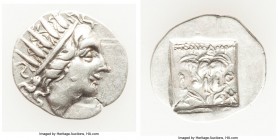 CARIAN ISLANDS. Rhodes. Ca. 88-84 BC. AR drachm (17mm, 1.70 gm, 1h). Choice VF. 'Plinthophoric' coinage, Menodorus, magistrate. Radiate head of Helios...