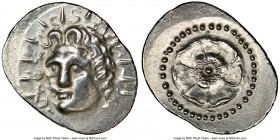 CARIAN ISLANDS. Rhodes. Ca. 84-30 BC. AR drachm (23mm, 12h). NGC AU, brushed. Radiate head of Helios facing, turned slightly left, hair parted in cent...