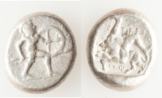 PAMPHYLIA. Aspendus. Ca. mid-5th century BC. AR stater (21mm, 10.88 gm, 11h). VF. Helmeted nude hoplite warrior advancing right, shield in left hand, ...