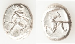PAMPHYLIA. Aspendus. Ca. mid-5th century BC. AR stater (22mm, 10.97 gm). About XF, test cuts. Ca. 465-430 BC. Helmeted nude hoplite advancing right, s...