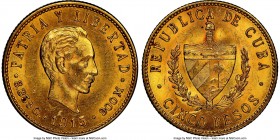 Republic gold 5 Pesos 1915 UNC Details (Reverse Scratched) NGC, Philadelphia mint, KM19. Two year type. AGW 0.2419 oz. 

HID09801242017

© 2020 He...