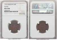 Cleves. Friedrich II Duit 1753 MS63 Brown NGC, KM53. Two year type.

HID09801242017

© 2020 Heritage Auctions | All Rights Reserve