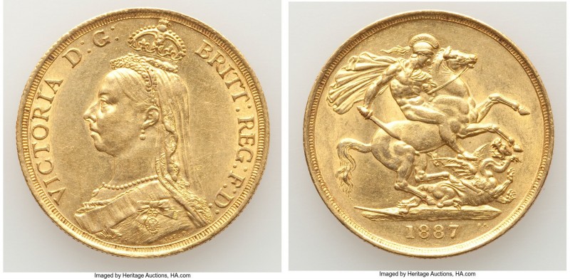 Victoria gold 2 Pounds 1887 AU, KM768, S-3865. 29.1mm. 15.99gm. One year type. A...