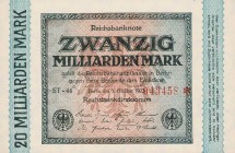 Deutsches Reich bis 1945
Geldscheine der Inflation 1919-1924 20 Milliarden Mark 1.10.1923. Ro. F 115 b Selten. I-
