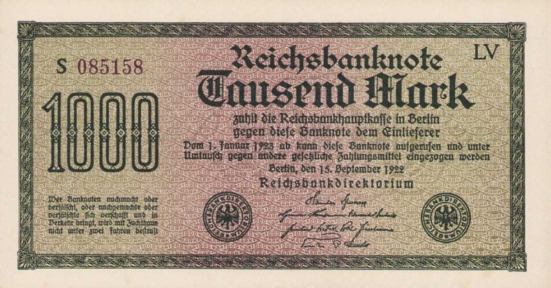Deutsches Reich bis 1945
Geldscheine der Inflation 1919-1924 1000 Mark 15.9.192...