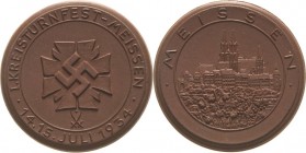 Drittes Reich
 Braune Porzellanmedaille 1934 (Meißen) 1. Kreisturnfest in Meissen. HK Emblem / Albrechtsburg. 37 mm Scheuch 2072 a Prägefrisch