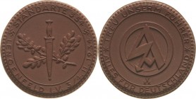 Drittes Reich
 Braune Porzellanmedaille 1934 (Meißen) Standarte Lengenfeld. Schwert auf Eichenlaub / Emblem. 38 mm Scheuch 1820 a Prägefrisch