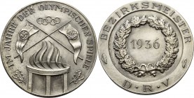 Drittes Reich
 Versilberte Weißmetallmedaille 1936 (unsigniert) Bezirksmeister des D.R.V. im Jahre der Olympischen Spiele. Gekreuzte Fahnen über dem ...