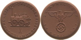 Drittes Reich
 Braune Porzellanmedaille 1937 (Meißen) 100 Jahre Eisenbahn Leipzig-Dresden. Eisenbahn / Reichsadler. 37 mm Gebauer 1937.4.1 Scheuch 13...