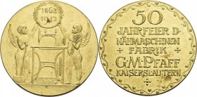Industrie, Wirtschaft und Gewerbe
 Vergoldete Bronzemedaille 1912 (unsigniert) 50-jähriges Jubiläum der Nähmaschinenfabrik Pfaff in Kaiserslautern. N...