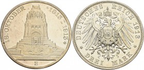 Sachsen
Friedrich August III. 1904-1918 3 Mark 1913 E Völkerschlachtdenkmal Jaeger 140 Kl. Kratzer, Polierte Platte