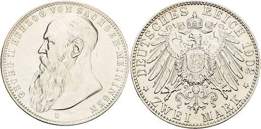 Sachsen-Meiningen
Georg II. 1866-1914 2 Mark 1902 D Kurzer Bart Jaeger 151 b Se...