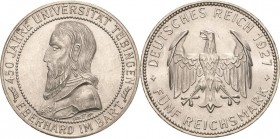 Gedenkausgaben
 5 Reichsmark 1927 F Tübingen Jaeger 329 Vorzüglich-Stempelglanz