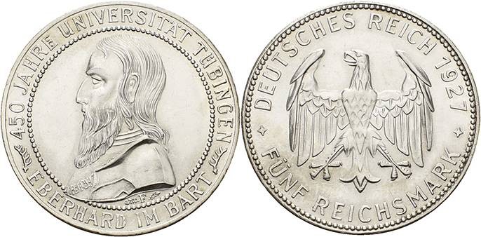 Gedenkausgaben
 5 Reichsmark 1927 F Tübingen Jaeger 329 Berieben, fast vorzügli...