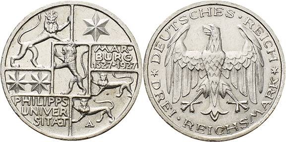 Gedenkausgaben
 3 Reichsmark 1927 A Marburg Jaeger 330 Kl. Kratzer, vorzüglich-...
