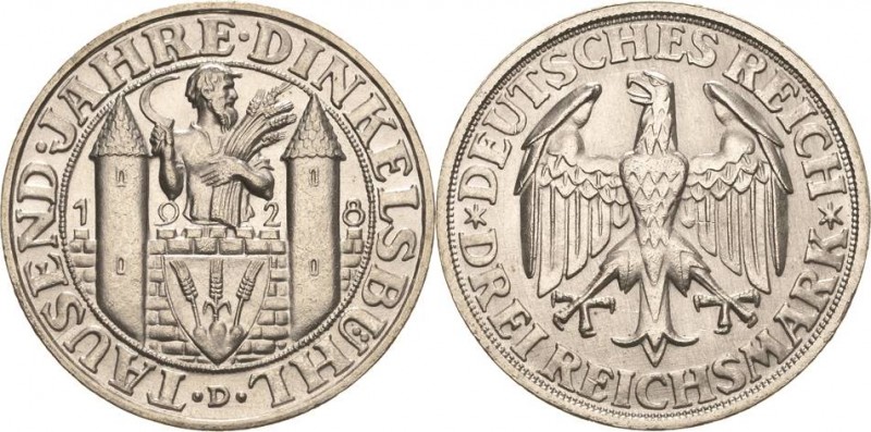 Gedenkausgaben
 3 Reichsmark 1928 D Dinkelsbühl Jaeger 334 Vorzüglich-Stempelgl...