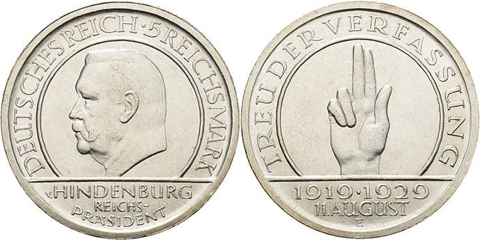 Gedenkausgaben
 5 Reichsmark 1929 E Verfassung Jaeger 341 Leicht berieben, vorz...