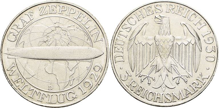 Gedenkausgaben
 3 Reichsmark 1930 D Zeppelin Jaeger 342 Kl. Randfehler, vorzügl...