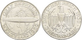 Gedenkausgaben
 3 Reichsmark 1930 D Zeppelin Jaeger 342 Kl. Randfehler, vorzüglich-Stempelglanz