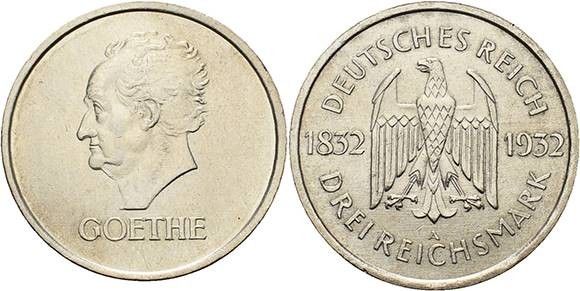 Gedenkausgaben
 3 Reichsmark 1932 A Goethe Jaeger 350 Scharf gereinigt, fast vo...