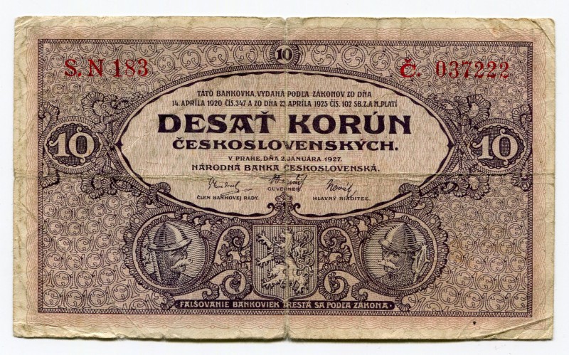 Czechoslovakia 10 Korun 1927
P# 20a; # N183 037222