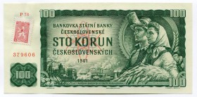 Czechoslovakia 100 Korun 1961 With Adhesive Stamp "ČSSR"
# P 78 379606; UNC