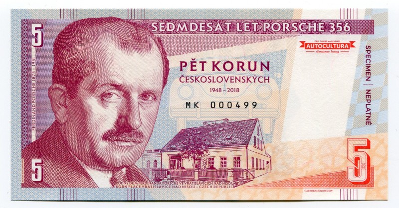 Czech Republic 5 Korun 2018 Specimen "Porshe 356"
Fantasy Banknote; Limited Edi...