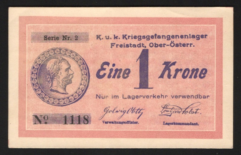 Austria Freistadt Concentration Camp 1 Krone 1914 Rare
P# SNL; 1118; aUNC