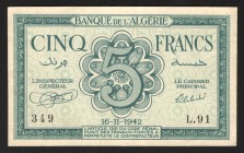 Algeria 5 Francs 1942
P# 91; 349 L.91; VF-XF