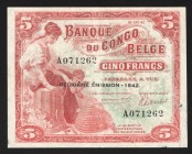 Belgian Congo 5 Francs 1942 Very Rare
P# 13; A071262; VF