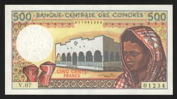 Comoros 500 Francs 1984
P# 10b; 017001234; UNC