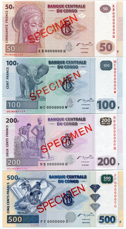 Congo Democratic Republic Set of 4 Notes 2002 -07 Specimen
50-100-200-500 Franc...