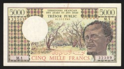 French Afars & Issas 5000 Francs 1975 Very Rare
P# 35; 01232309; XF