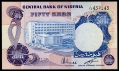 Nigeria 50 Kobo 1973-78
P# 14f; № G93-437145; Blue and purple on multicolor underprint. Bank building at left center. Back: Brown. Logging at right. ...