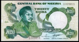 Nigeria 20 Naira 2001
P# 26f; № A80-009859; Dark blue-green, dark green and green on multicolor underprint. General M. Muhammed at left. Back: Arms a...